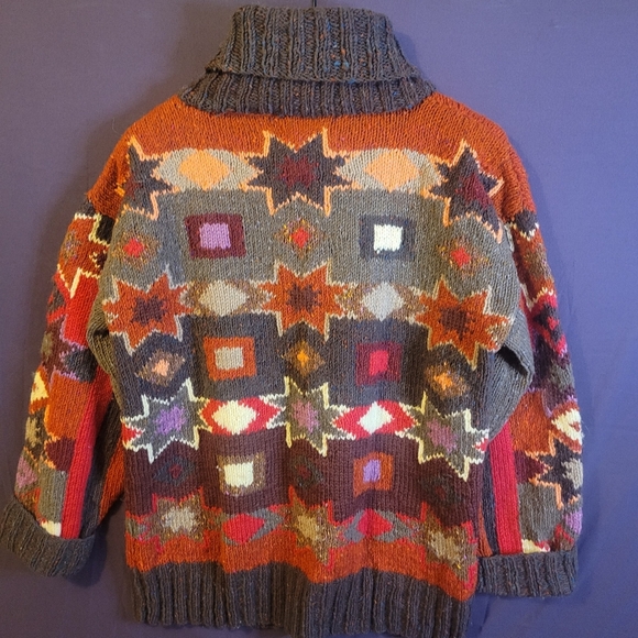 Vintage Paul Stuart Colorful Print Cowl Neck Hand Knit Wool Sweater. Size L - Picture 7 of 7